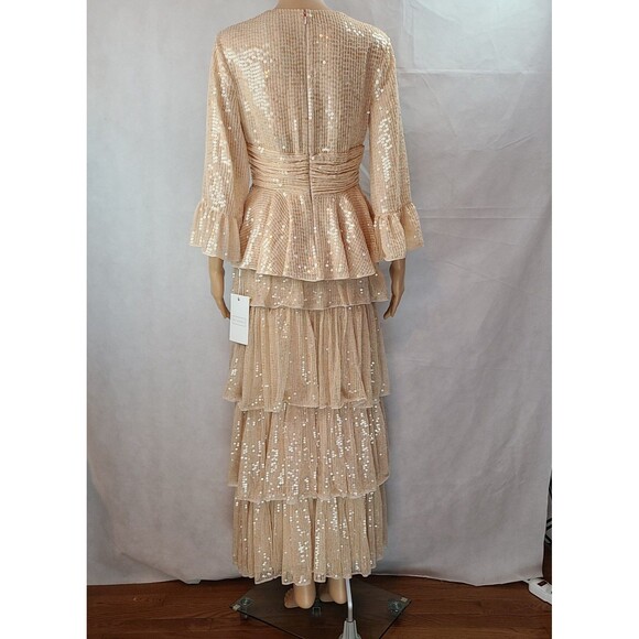 New Mac Duggal Women's (4) Beige 3/4 Sleeve Sequined Ruffle Tiered 2 Piece Gown - Picture 5 of 12